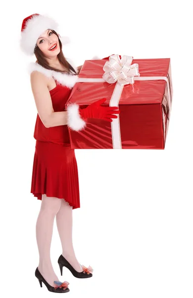 在与大礼品盒圣诞老人帽子圣诞女孩. — 图库照片