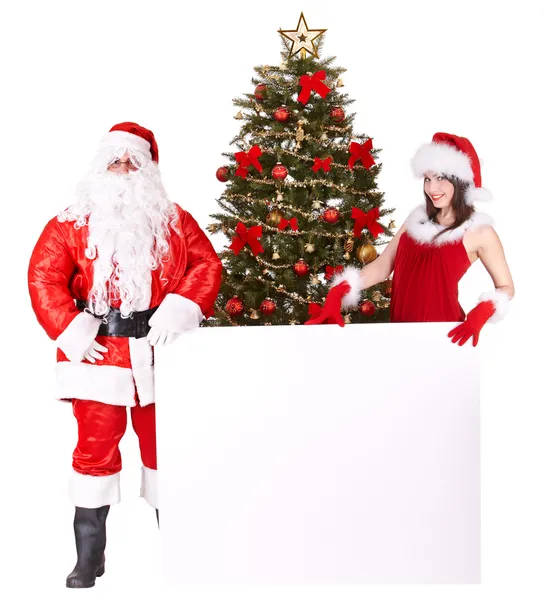 Dziewczyna Boże Narodzenie, Mikołaja z banerów i drzewo. — Zdjęcie stockowe