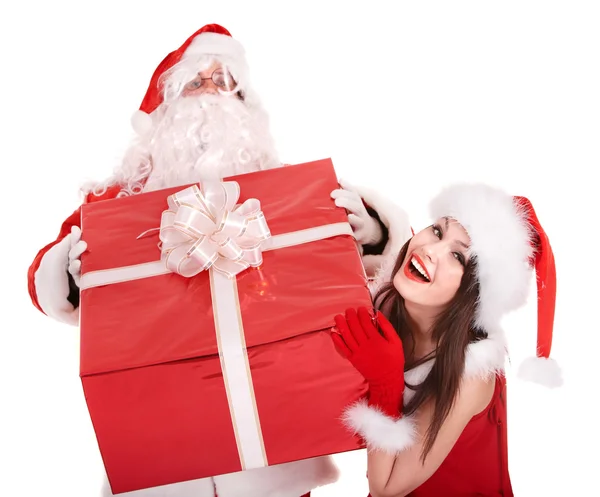 Santa claus i dziewczyna z dużym pudełku. — Zdjęcie stockowe