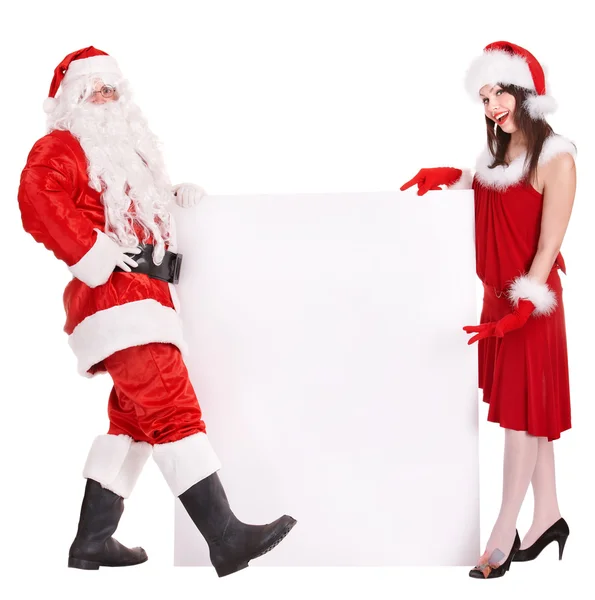 Santa claus and christmas girl holding banner. — Stock Photo, Image