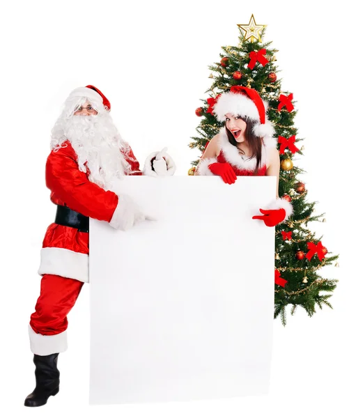 Papai Noel e menina por banner árvore de natal . — Fotografia de Stock