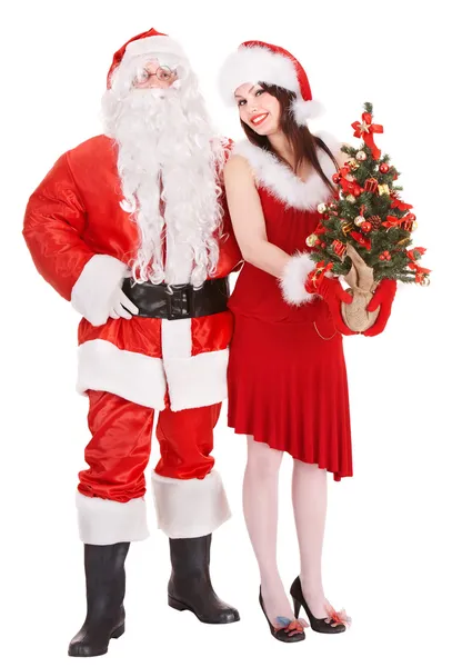 Jultomten och flicka håller granen. — Stockfoto