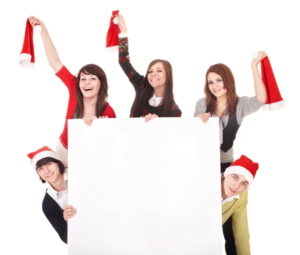 快乐集团在圣诞老人帽子连横幅. — 图库照片
