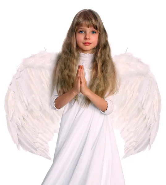 Chica en traje de ángel con libro . —  Fotos de Stock