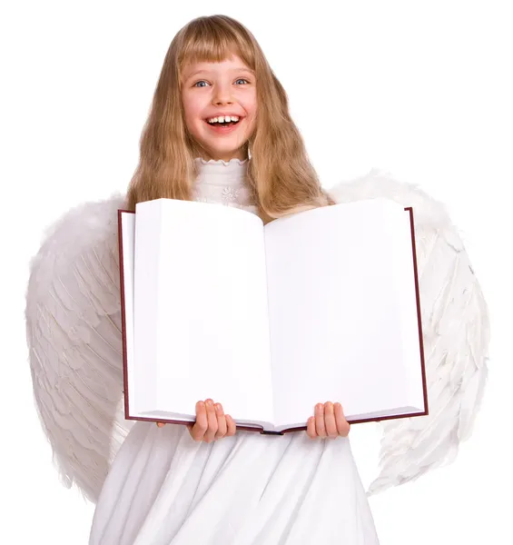 Menina em traje de anjo com banner book . — Fotografia de Stock