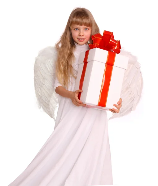 Flicka i angel dräkt med presentask. — Stockfoto