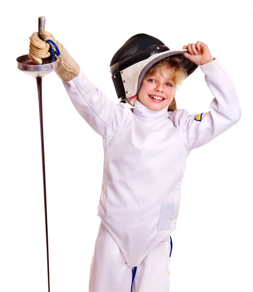 Niño en traje de esgrima sosteniendo epee  . — Foto de Stock