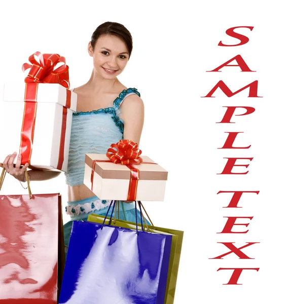 Girl with gift box and banner. — Stock Photo, Image