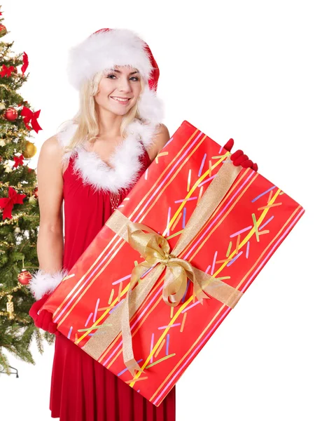 Natal menina em santa chapéu segurando caixa de presente. — Fotografia de Stock