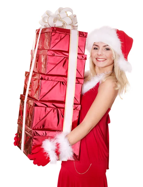 Noel Baba şapkası kırmızı hediye kutusu tutarak Noel kız. — Stok fotoğraf