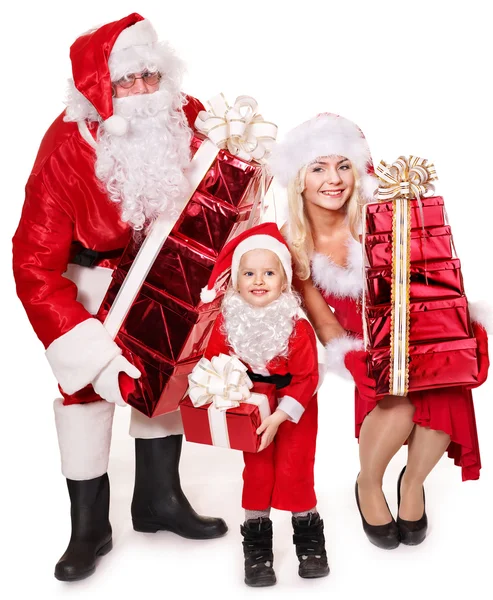 Santa claus family with child holding stack gift box.. — Stock Photo, Image