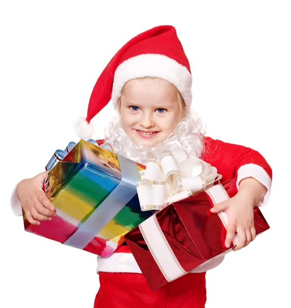 Child in santa costume holding group gift box. — Stock Photo, Image