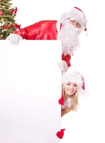 Santa Claus y navidad niña sosteniendo pancarta . —  Fotos de Stock