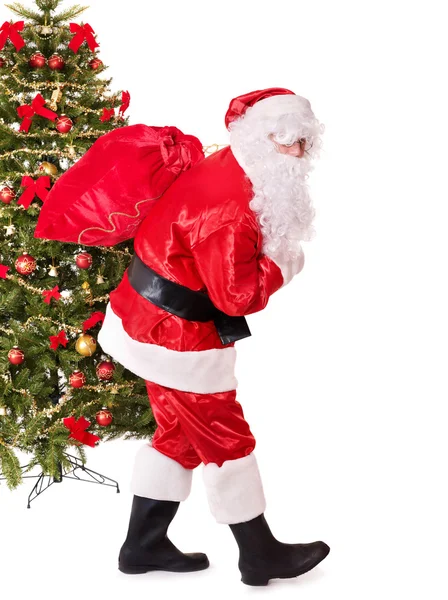 Papai Noel levando saco pela árvore de natal . — Fotografia de Stock