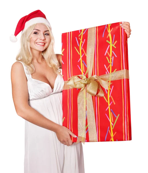 Karácsonyi lány santa kalap tartó piros ajándék doboz. — Stock Fotó