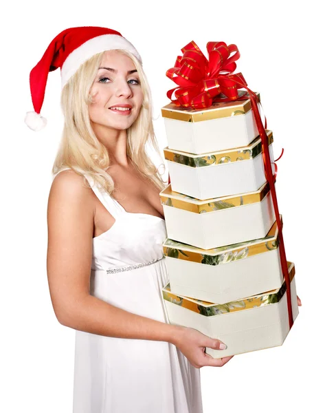 크리스마스 산타 모자 레드 선물 상자를 들고 있는 소녀. — 스톡 사진