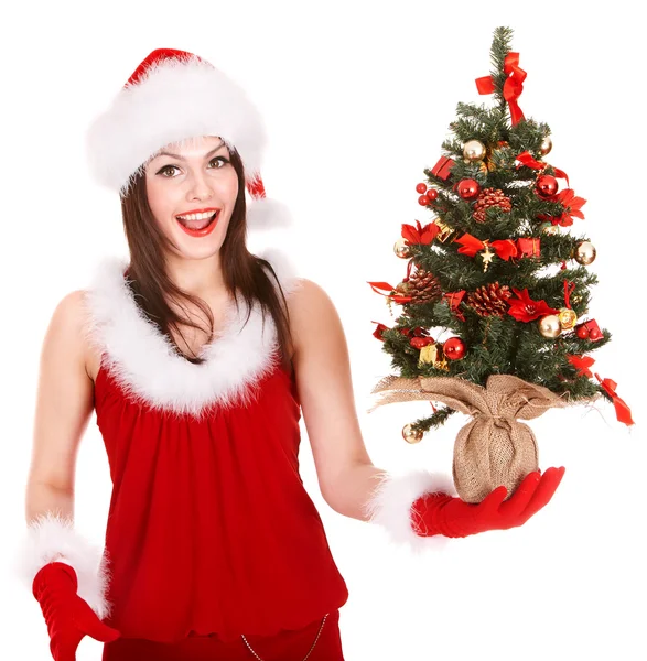 Girl in santa hat holding christmas tree. Royalty Free Stock Photos