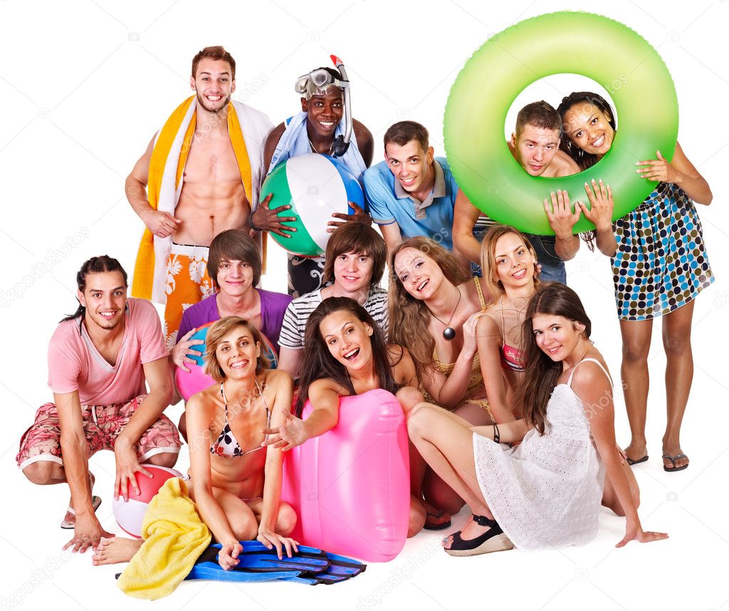 Group holding beach accessories.
