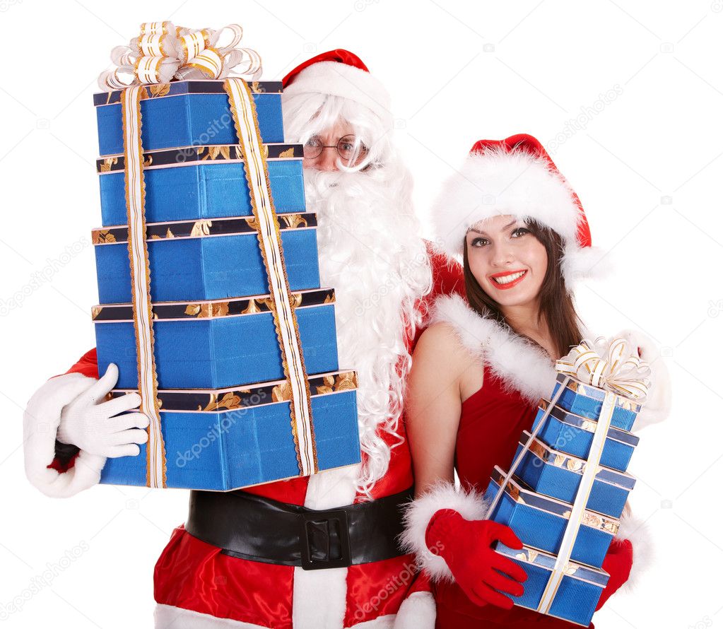 Santa clause and christmas girl with gift box group.