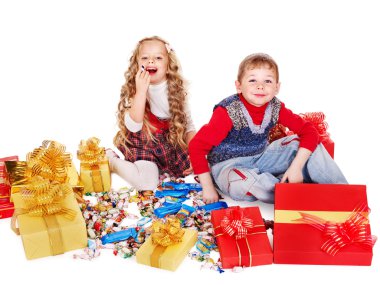 Kids with gift box and sweet. clipart