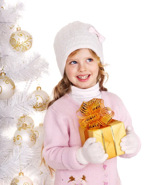 Kid with gold Christmas gift box. — Stock Photo, Image