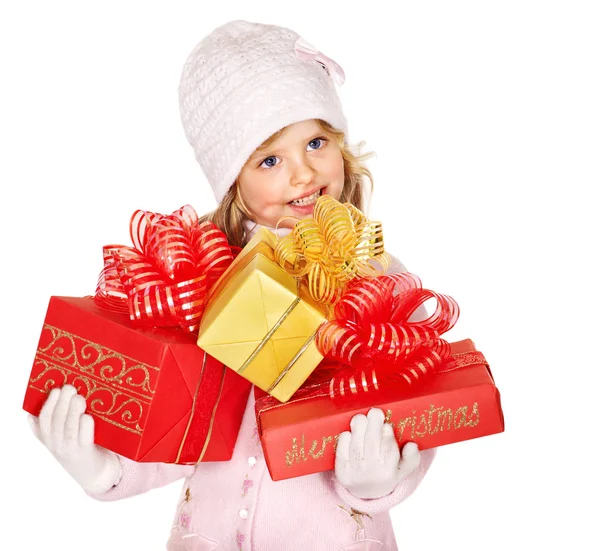 Kid met rode doos van de gift van Kerstmis. — Stockfoto