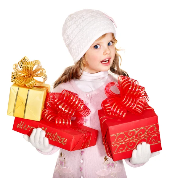 Dítě s červenou Vánoční dárková krabička. — Stock fotografie