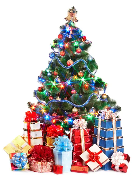 Julgran och grupp presentförpackning. — Stockfoto
