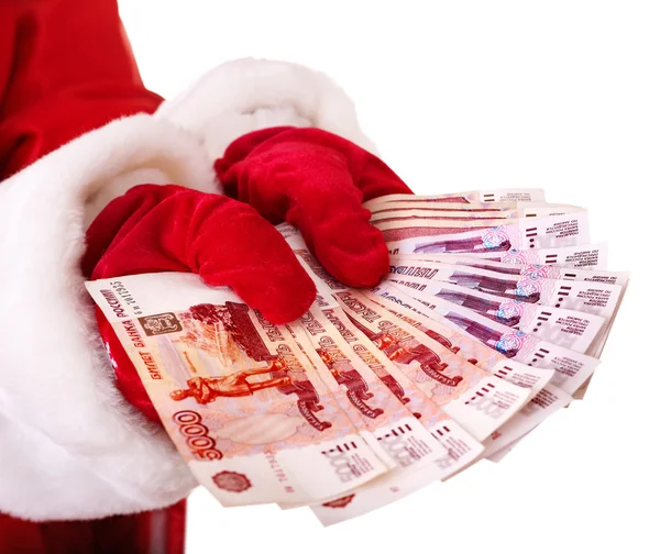 Santa Claus hand with money (Russian rouble). — Stock Photo, Image