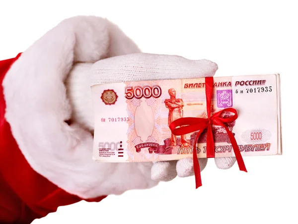 Santa claus ruka s penězi (ruský Rubl). — Stock fotografie