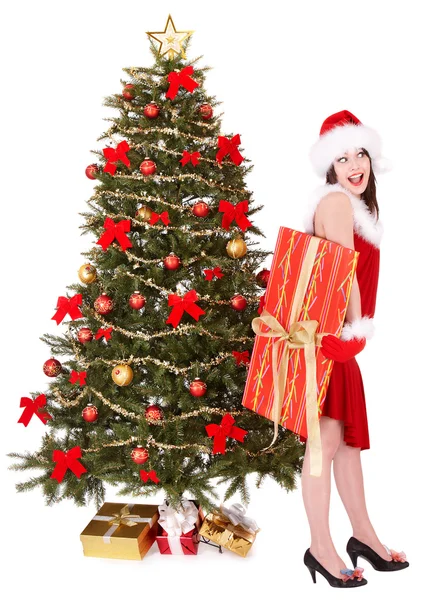 Christmas flicka i santa hålla presentförpackning. — Stockfoto