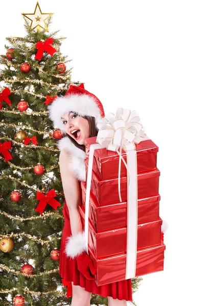 Christmas girl in santa holding stack gift box. — Stock Photo, Image