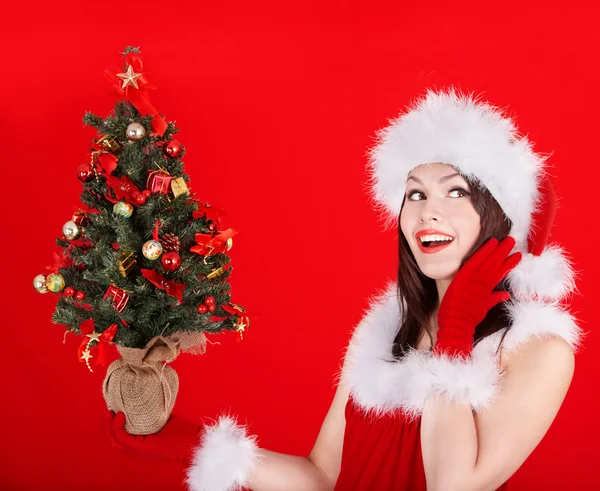 Noel kızı kırmızı santa şapka. — Stok fotoğraf