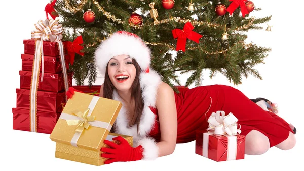 Christmas girl in santa hat, fir tree, gift box group. — Stock Photo, Image