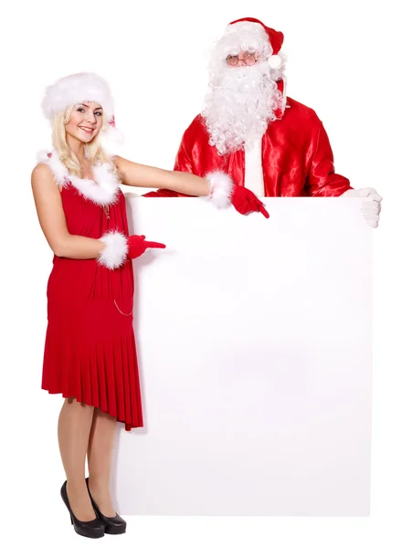 Noel Baba ve kız afiş tutarak. — Stok fotoğraf