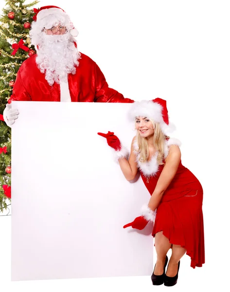 Santa claus and christmas girl holding banner. — Stock Photo, Image