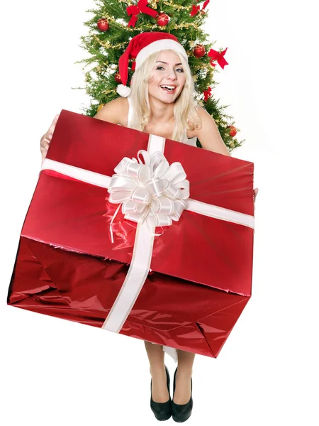 Mädchen mit Weihnachtsmannmütze in roter Geschenkbox. — Stockfoto