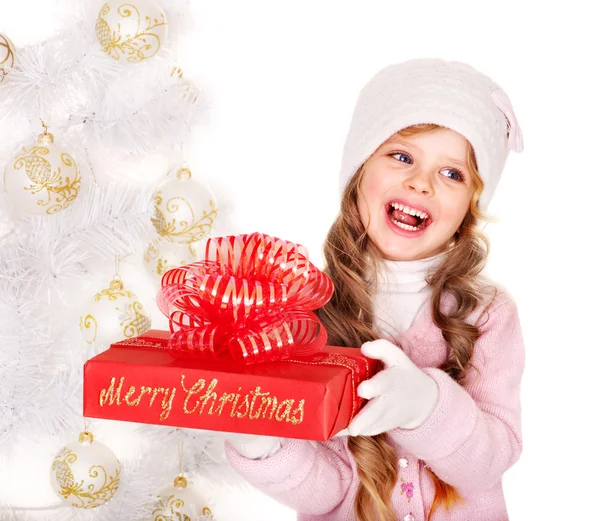 Kid with red Christmas gift box. Royalty Free Stock Photos