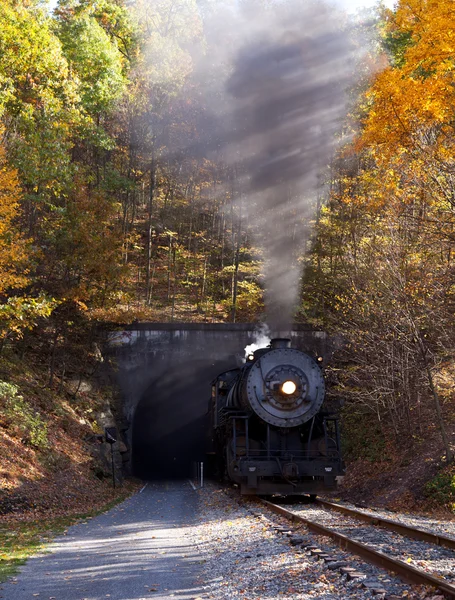 Locomotiva a vapor a sair do túnel — Fotografia de Stock