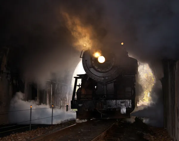 Parní lokomotiva vstoupí do tunelu — Stock fotografie