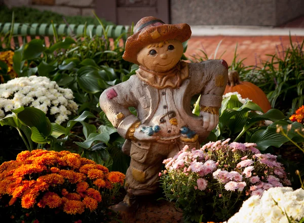Modelo agricultor en parche de flores de otoño — Foto de Stock
