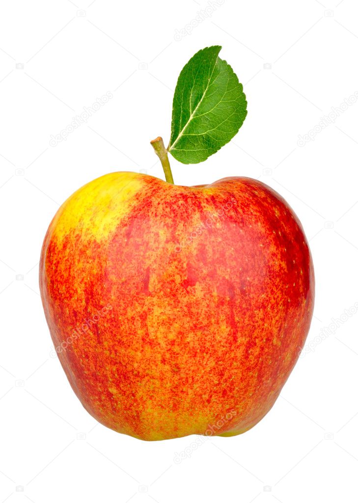 One red apple with green leaf