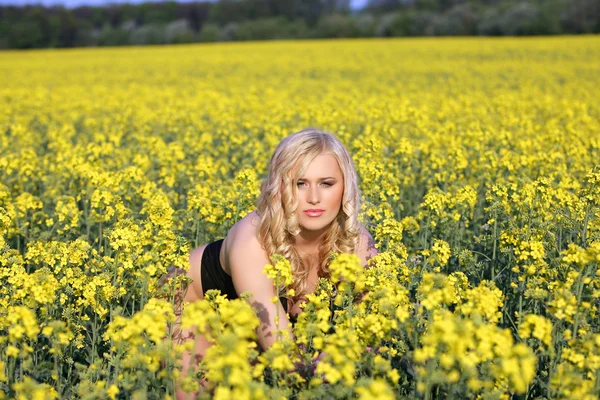 Alanındaki kır çiçekleri, sarışın güzel genç kadın. — Stok fotoğraf