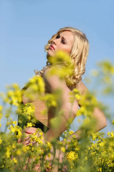 Mooie jonge blonde vrouw in een gebied van wilde bloemen. — Stockfoto