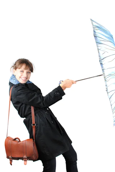 Frau mit blauem Regenschirm — Stockfoto