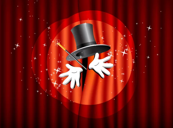 Theater stage with top hat, magic wand and hand — Stock Vector