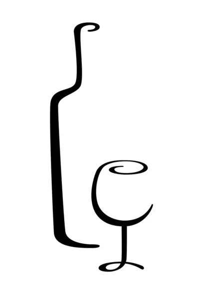 Botella y copa de vino caligráfica — Vector de stock