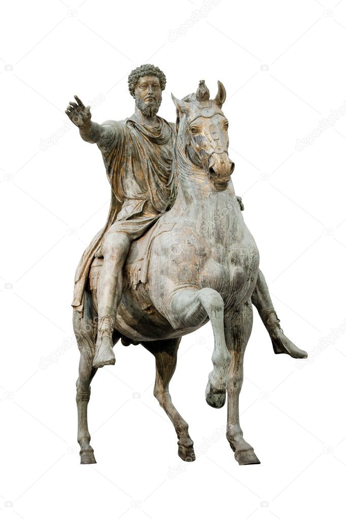 Emperor Marcus Aurelius isolated on white riding a horse