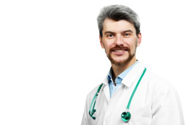Smiling doctor in white overall with stethoscope clipart