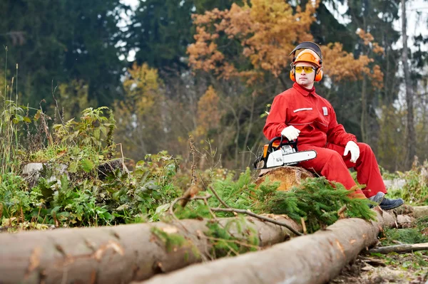 Taglialegna lavoratore con motosega nella foresta — Foto Stock